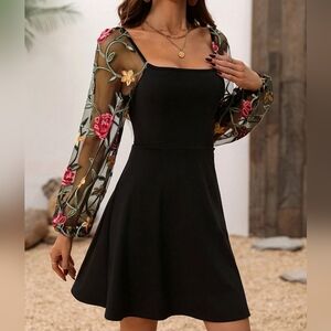 Black A-Line Holiday Casual Dress With Flower Sleeve
